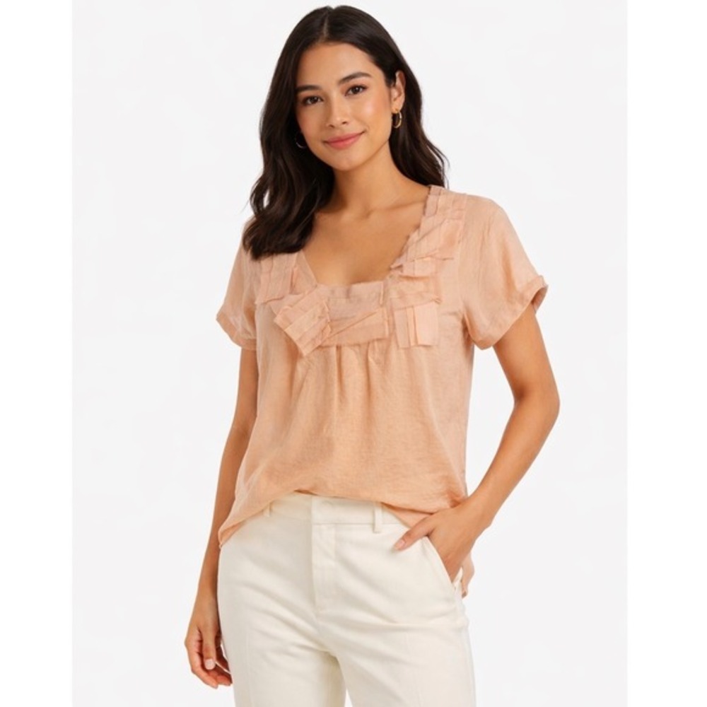 Ann Taylor Loft Peach Pleated Square Neck Blouse Top M Soft Femininity 56-47